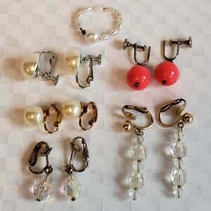 Vintage Clip-On Earrings Set with Faux Pearls and Beads - 5 Sets and 1 ring